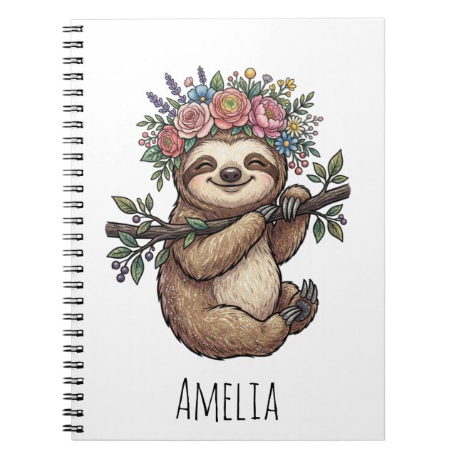 Caderno Espiral Personalized Cute Floral Sloth with Flower Crown   (Frente)