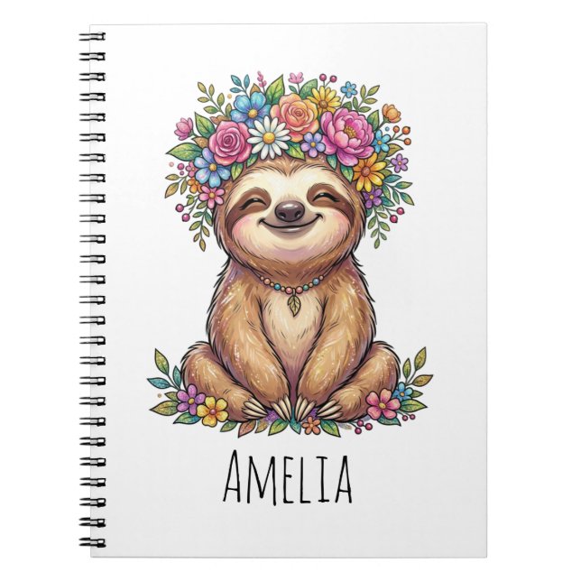 Caderno Espiral Personalized Cute Floral Sloth with Flower Crown   (Frente)