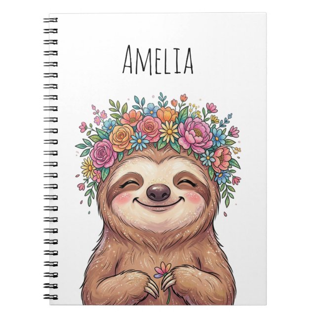 Caderno Espiral Personalized Cute Floral Sloth with Flower Crown   (Frente)
