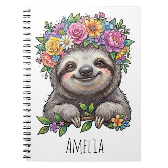 Caderno Espiral Personalized Cute Floral Sloth with Flower Crown   (Frente)