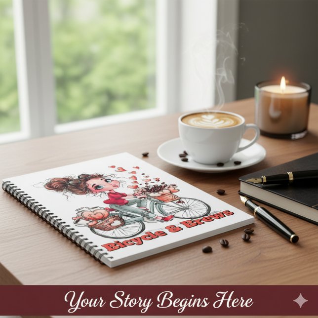 Caderno Espiral Personalized Cute Watercolor Girl Bicycle & Brews  (Criador carregado)