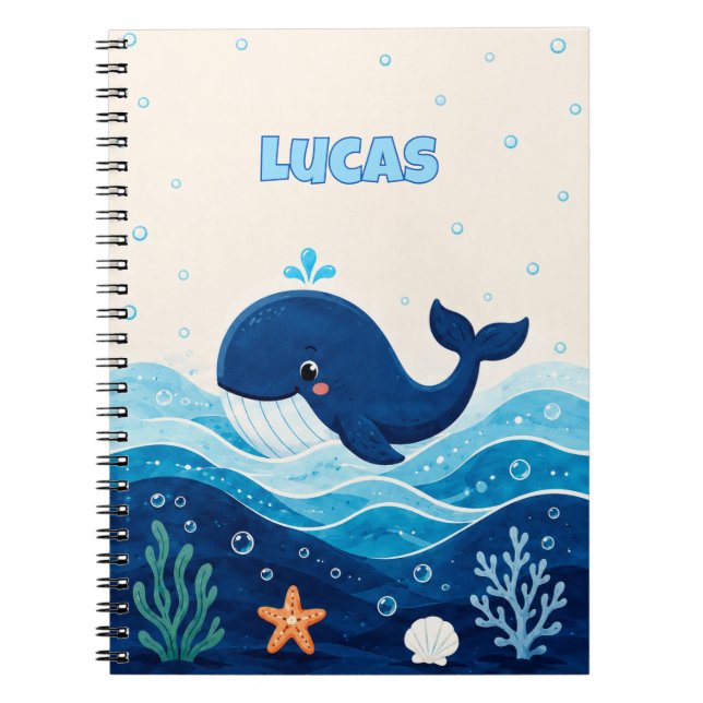 Caderno Espiral Personalized Kids Ocean Whale Name Notebook (Frente)