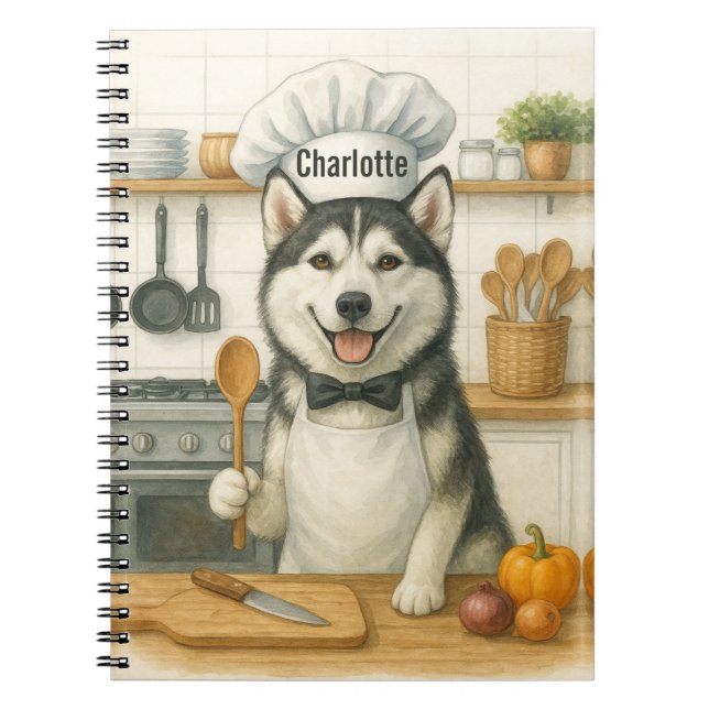 Caderno Espiral Personalized Name Funny Siberian Husky Dog Chef (Frente)