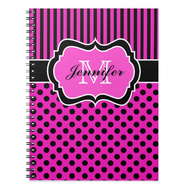 Caderno Espiral Personalized Pink Black White Striped Polka Dots (Frente)