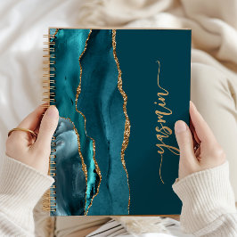 Caderno Espiral Personalized Signature Teal Blue Gold Agate