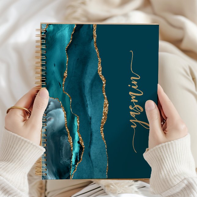Caderno Espiral Personalized Signature Teal Blue Gold Agate (Criador carregado)