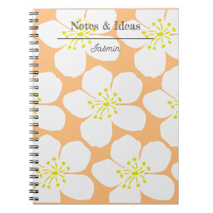 Caderno Espiral Personalized White Floral Pattern Coral