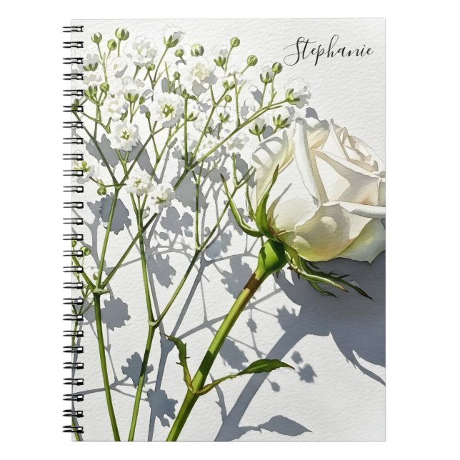 Caderno Espiral Personalized White Rose Floral Journal Notebook (Frente)