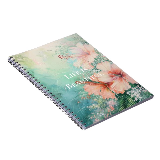 Caderno Espiral Pêssego Branco Tropical Hibiscus Floral (Lado Direito)