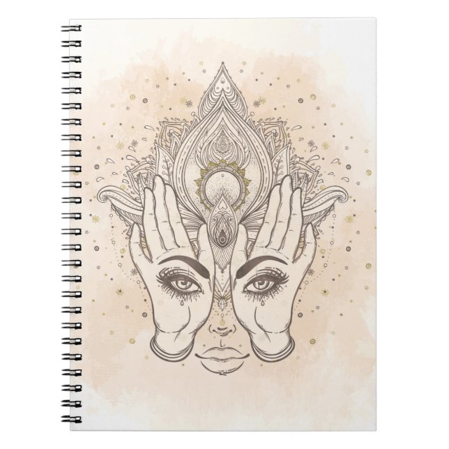 Caderno Espiral Pêssego & Dourado Boho Flor de Lótus Beleza (Frente)