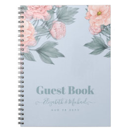 Caderno Espiral Pêssego Floral Dusty Blue Sage Casamento Folha