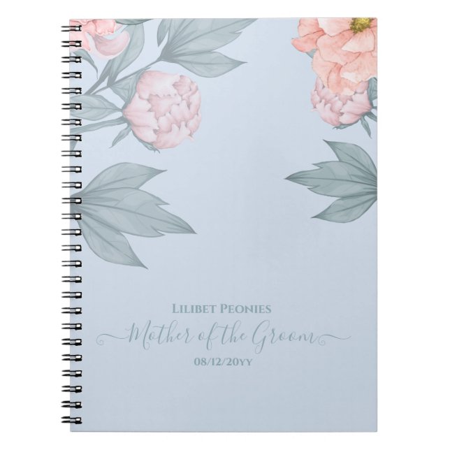 Caderno Espiral Pêssego Floral Dusty Blue Sage Casamento Folha (Frente)