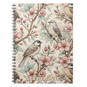 Caderno Espiral Pêssego Pássaro Cantador Tinta Preta Padrão Floral