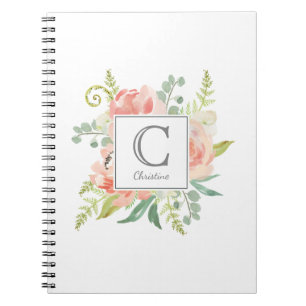 Caderno Espiral Pêssegos e Creme Aquarela Floral com Monograma