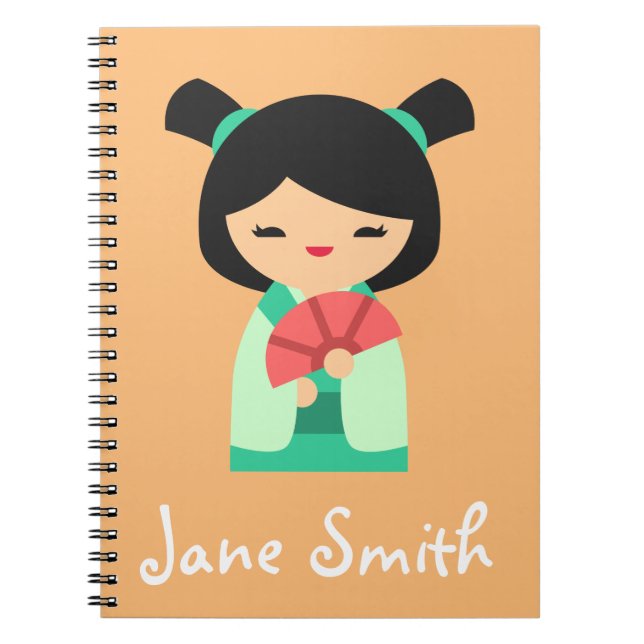 Caderno Espiral Pessegueiro rosa aqua Kokeshi Bonecas japonesas (Frente)