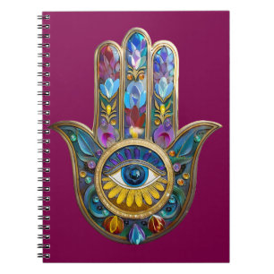 Caderno Espiral Pétalas Coloridas Folhas Hamsa Safira Terceiro Olh