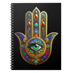 Caderno Espiral Pétalas de Flor de Cor Pavão Hamsa Terceiro Olho V