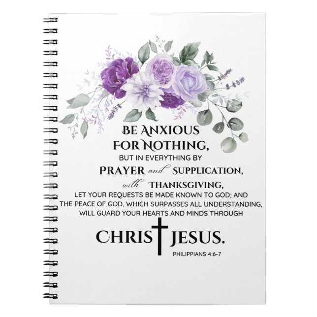 Caderno Espiral Philippians 4:6-7 Escritura Flores Roxos (Frente)