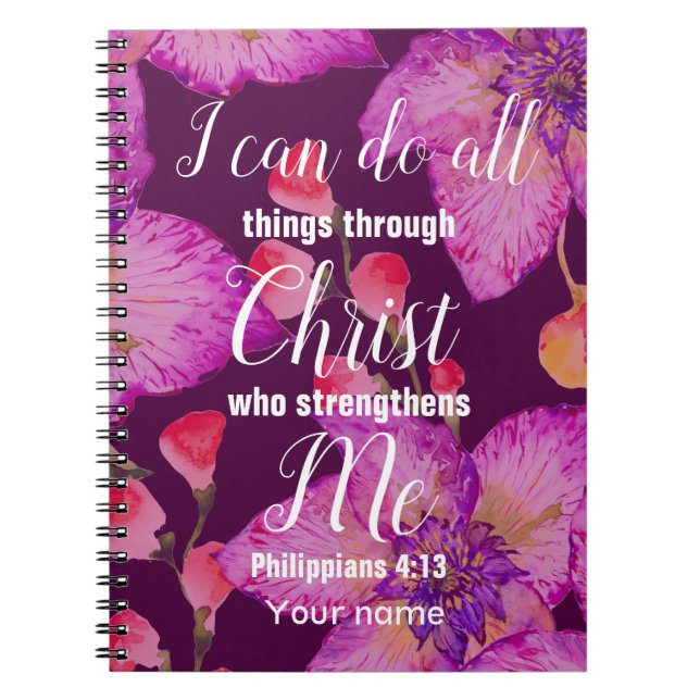 Caderno Espiral Philippians Floral púrpura 4:13 Bíblia (Frente)
