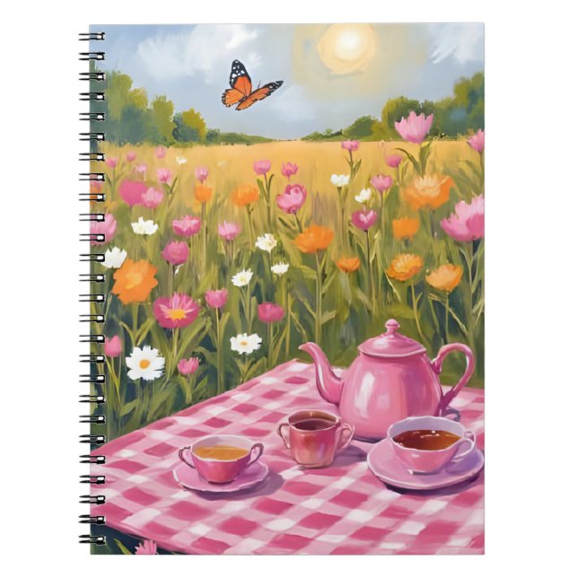 Caderno Espiral Picnic rosa bonito | Flor Campo Chá Butterfly (Frente)