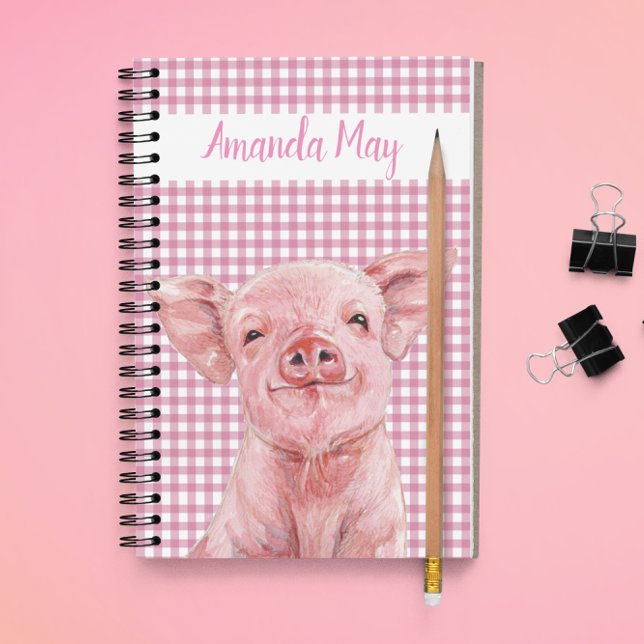 Caderno Espiral Pig Pig Água-forte Xadrezinho Monograma (Criador carregado)
