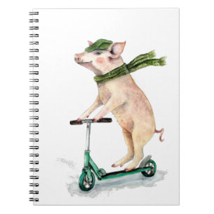 Caderno Espiral Piggy em um patinete