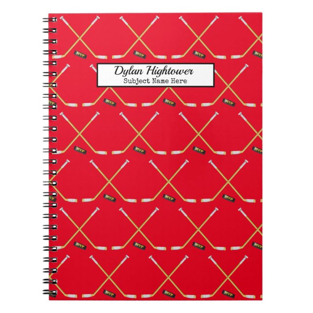 Caderno Espiral Pilhas de hóquei|MVP - Nome vermelho do padrão| Ob (Frente)