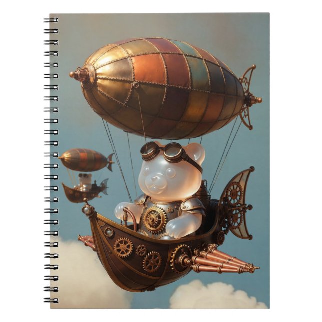 Caderno Espiral Piloto de Urso Gummy Steampunk em Dirigível Fantás (Frente)