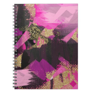 Caderno Espiral Pincel Moderno Brilho Preto Dourado Rosa Grunge Gl