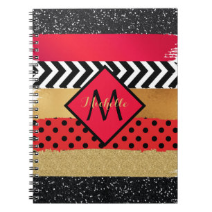Caderno Espiral Pincelada de Glitter Vermelho Preto Dourado Monogr