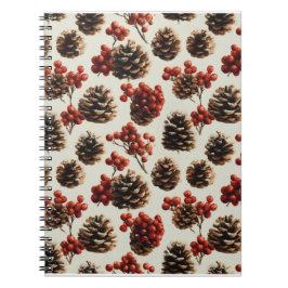 Caderno Espiral Pine Cones e Red Berries Padrão de inverno