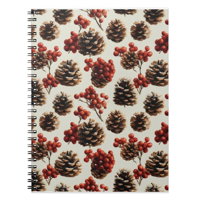 Caderno Espiral Pine Cones e Red Berries Padrão de inverno (Frente)