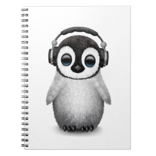 Caderno Espiral Pinguim bonito customizável DJ do bebê com fones