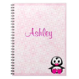 Caderno Espiral Pinguim cor-de-rosa bonito