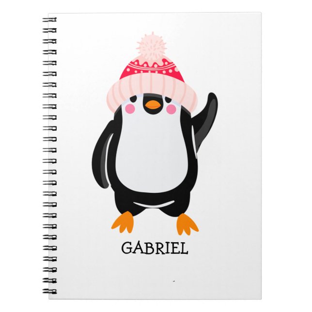 Caderno Espiral Pinguim de Natal Gelado Personalizado em Chapéu Ve (Frente)