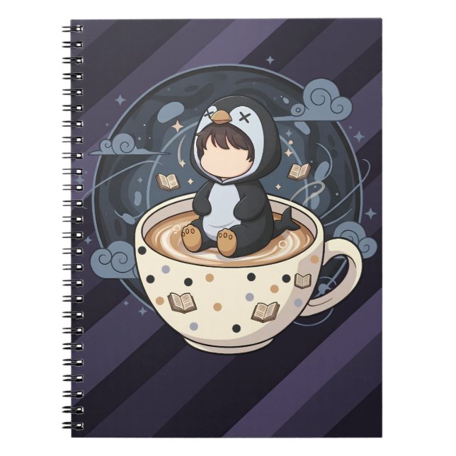 Caderno Espiral Pinguim Leitor com Xícara Quente (Frente)