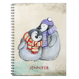 Caderno Espiral Pinguins bonitos em escarpas e chapéus de inverno