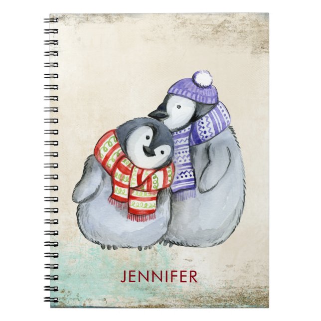 Caderno Espiral Pinguins bonitos em escarpas e chapéus de inverno  (Frente)