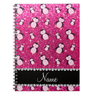 Caderno Espiral Pinguins com brilho rosa-quente neon de nome perso