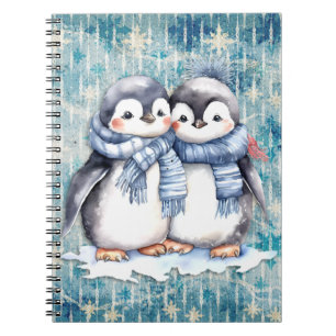 Caderno Espiral Pinguins de Aquarela Azul-Inverno com Escarpas
