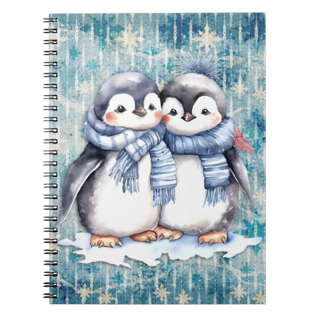 Caderno Espiral Pinguins de Aquarela Azul-Inverno com Escarpas (Frente)