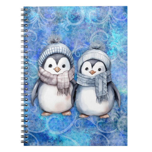 Caderno Espiral Pinguins de Aquarela Azul-Inverno Escarpando Chapé (Frente)
