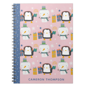 Caderno Espiral Pinguins de inverno bonitos, Snowman rosa, persona