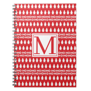 Caderno Espiral Pinguins de Natal Branco Vermelho HOHOHO Monograma