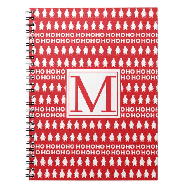 Caderno Espiral Pinguins de Natal Branco Vermelho HOHOHO Monograma (Frente)