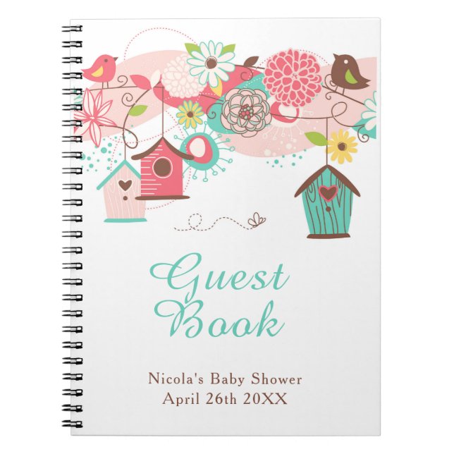 Caderno Espiral Pink and Green Floral Bird Cages Baby Shower (Frente)
