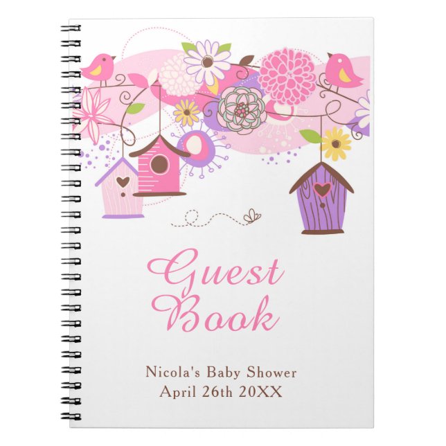 Caderno Espiral Pink and Purple Floral Bird Houses Baby Shower (Frente)