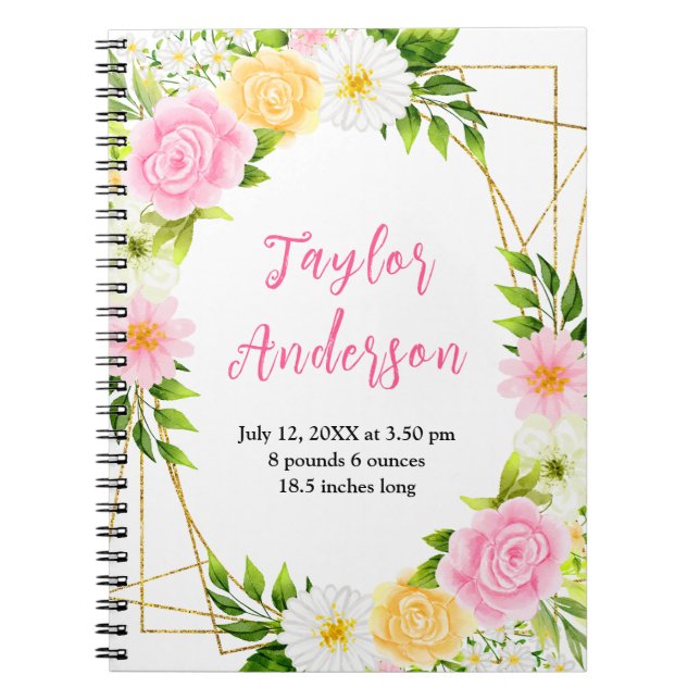 Caderno Espiral Pink and Yellow Floral Baby Birth Stats (Frente)