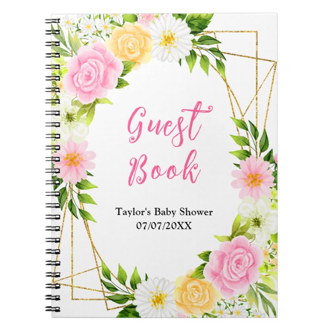 Caderno Espiral Pink and Yellow Floral Baby Shower Guest Book (Frente)