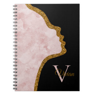 Caderno Espiral Pink Black And Gold Glitter Face Monogram Name